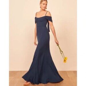 Reformation Larkspur Navy Blue Off Shoulder Maxi Dress Gown 2 XS